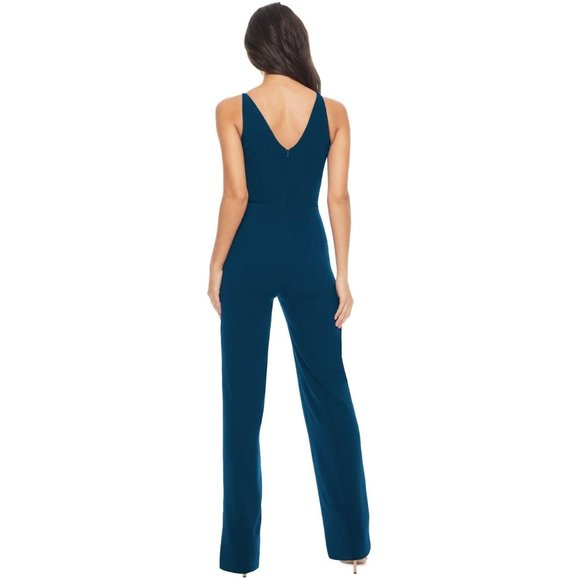 🆕 DRESS THE POPULATION Sam Ruched Jumpsuit Peacock Blue Large 10-12 - Picture 2 of 8